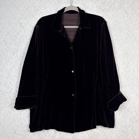 Vintage Tops - Vtg Harriet Selwyn Silk Velvet Top 1X/2X Brown Button Up Whimsigoth 80s 90s